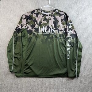 Huk Performance Fishing Shirt Mens XL Green Camo Long Sleeve Stretch